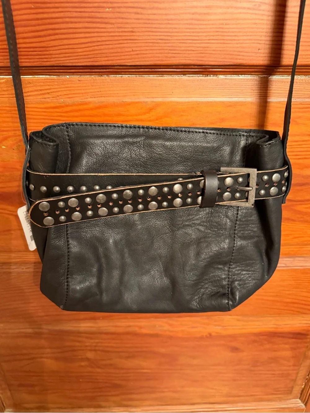 Free People Black Leather Studded Belt-Detail Bucket Shoulder Bag
